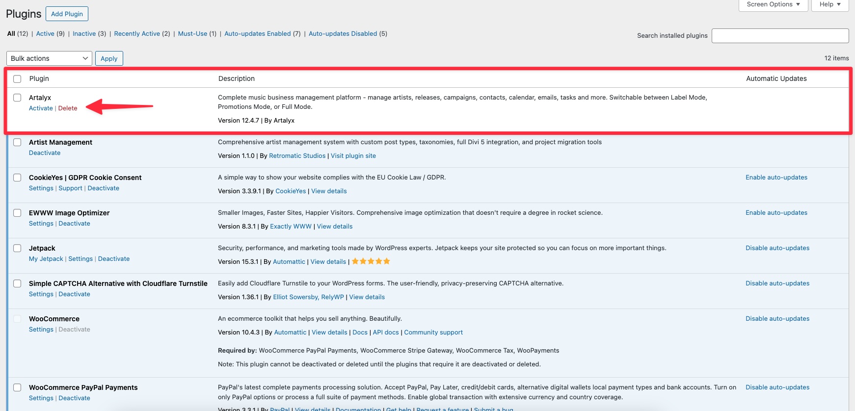Artalyx Plugin Activation