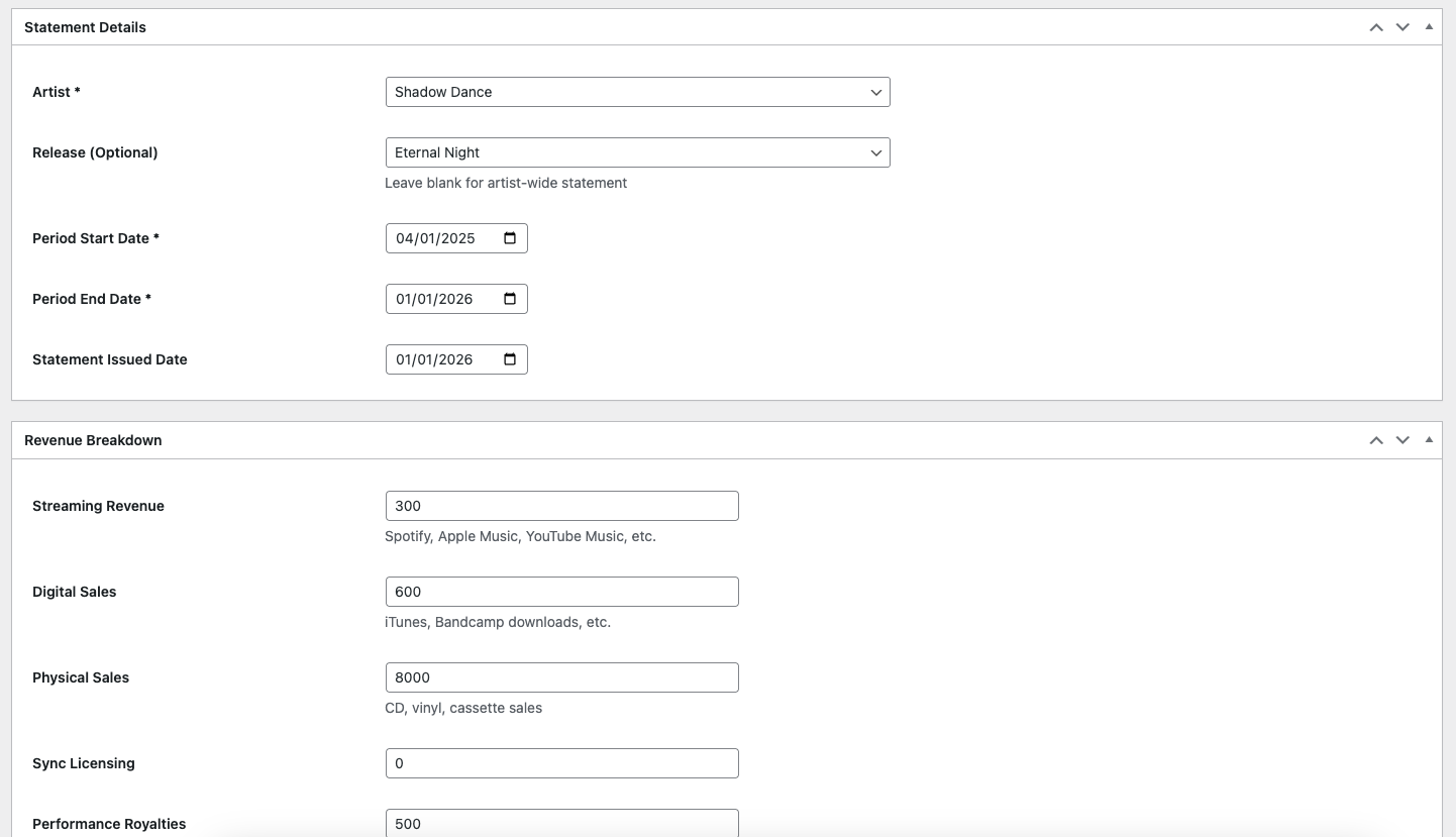 Royalty Statement Interface