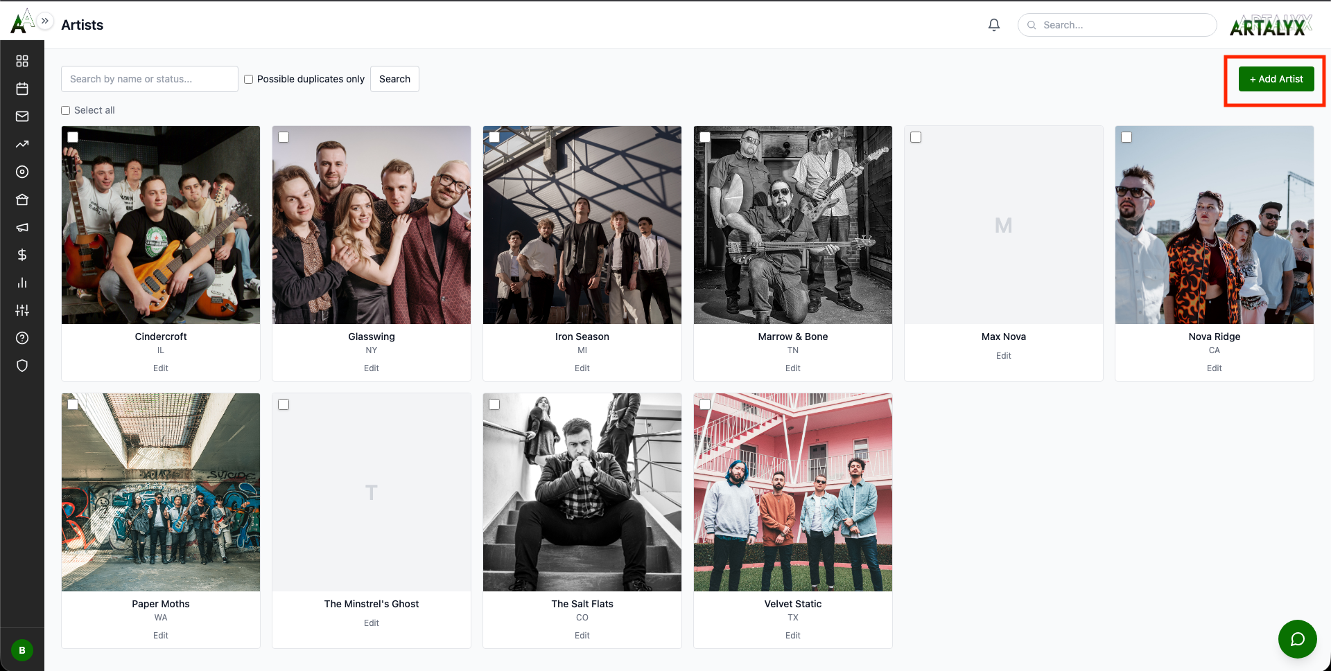 Artist Management Interface