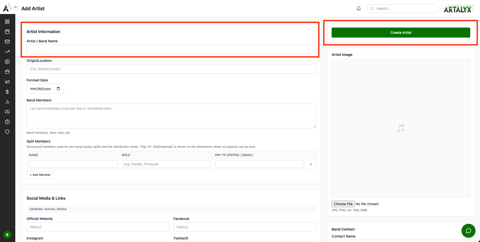 Artist Management Interface