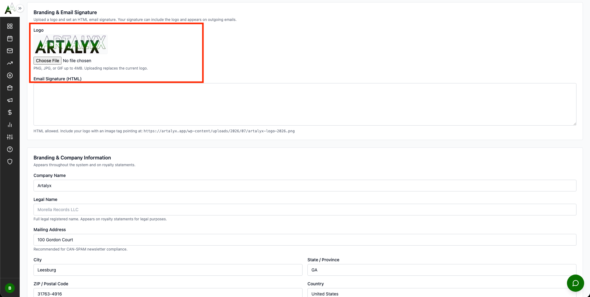 Artalyx Settings Page